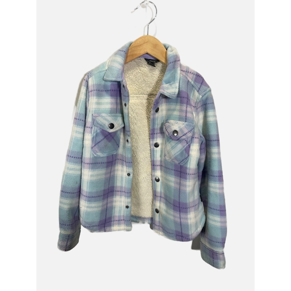 Eddie Bauer Fleece Shacket Kids 7/8 Purple Plaid Sherpa Lined Flannel Jacket